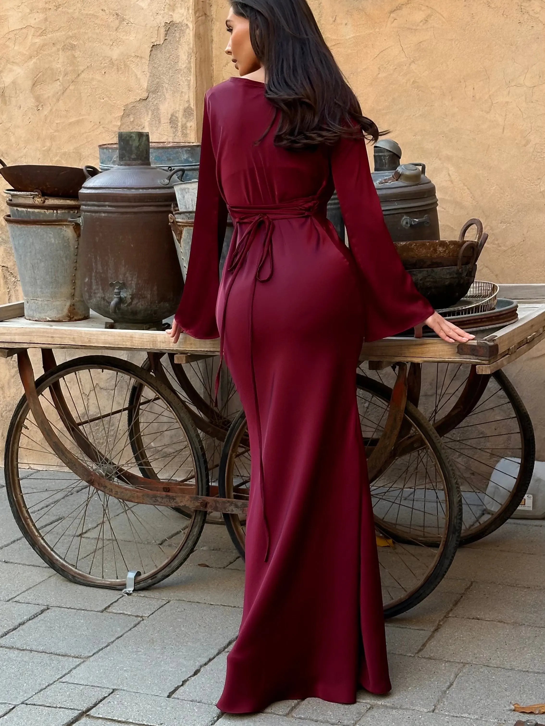 Women's Maxi Dress Long Sleeve Formal Gown Satin