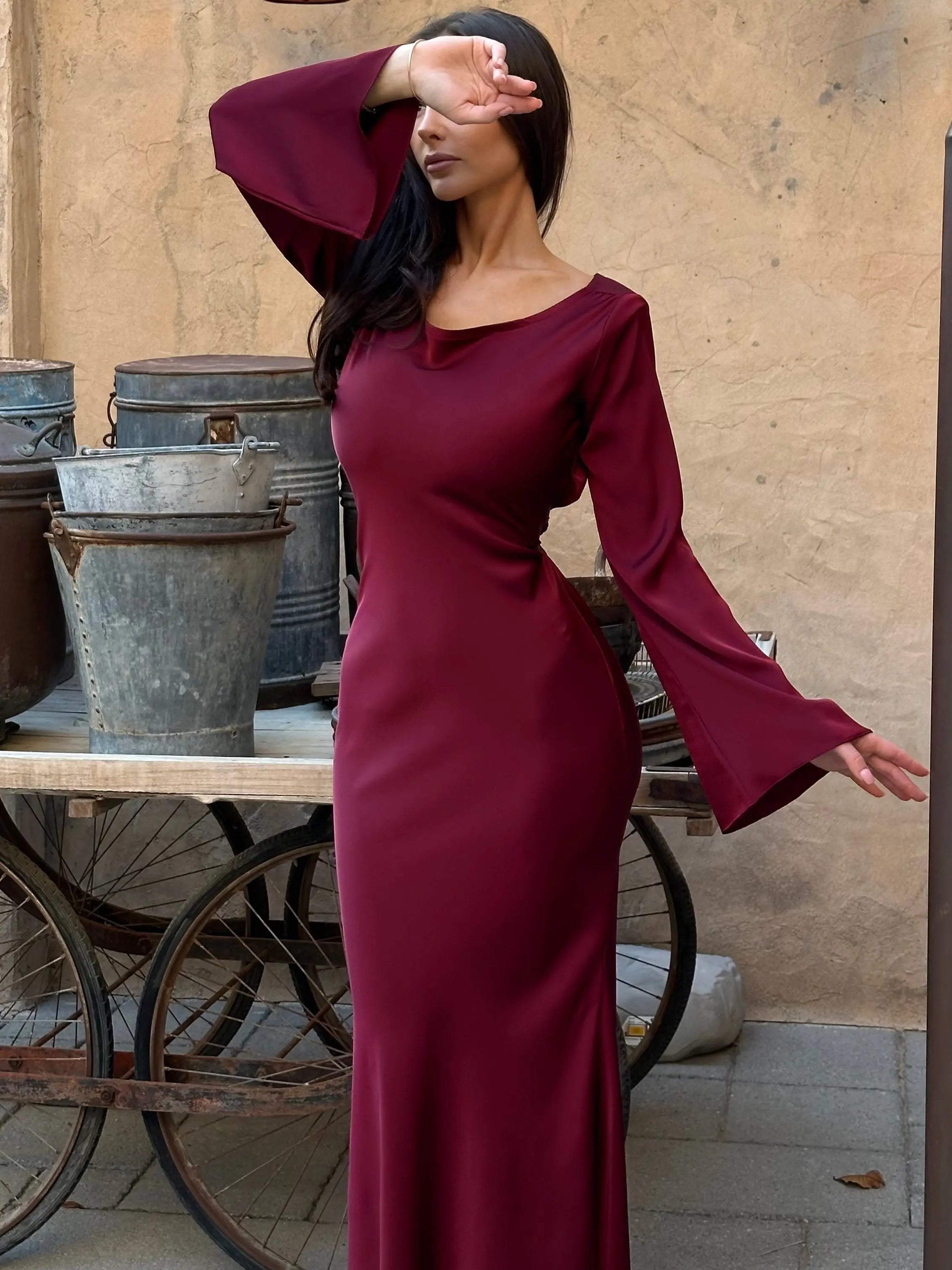 Women's Maxi Dress Long Sleeve Formal Gown Satin
