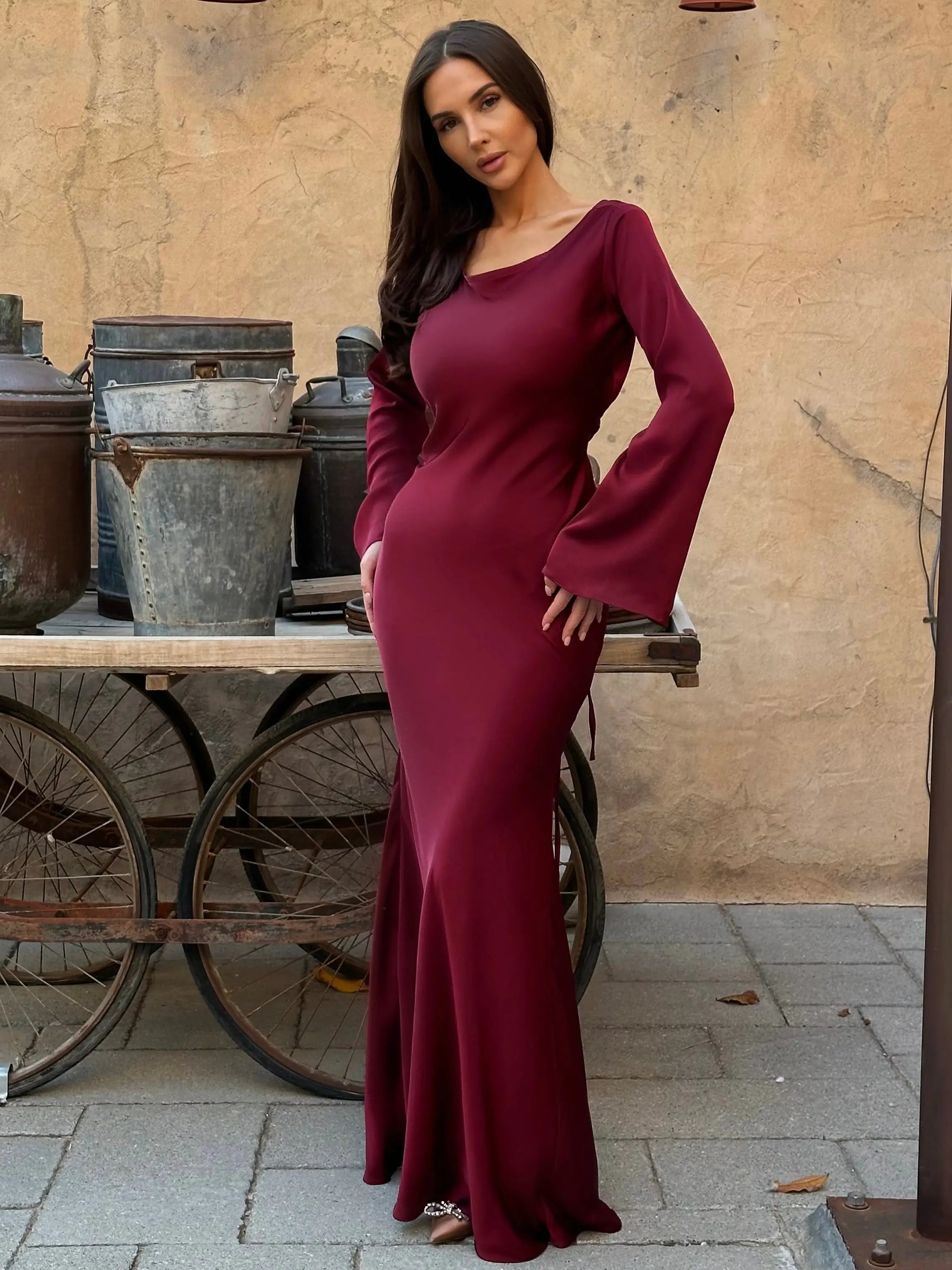 Women's Maxi Dress Long Sleeve Formal Gown Satin