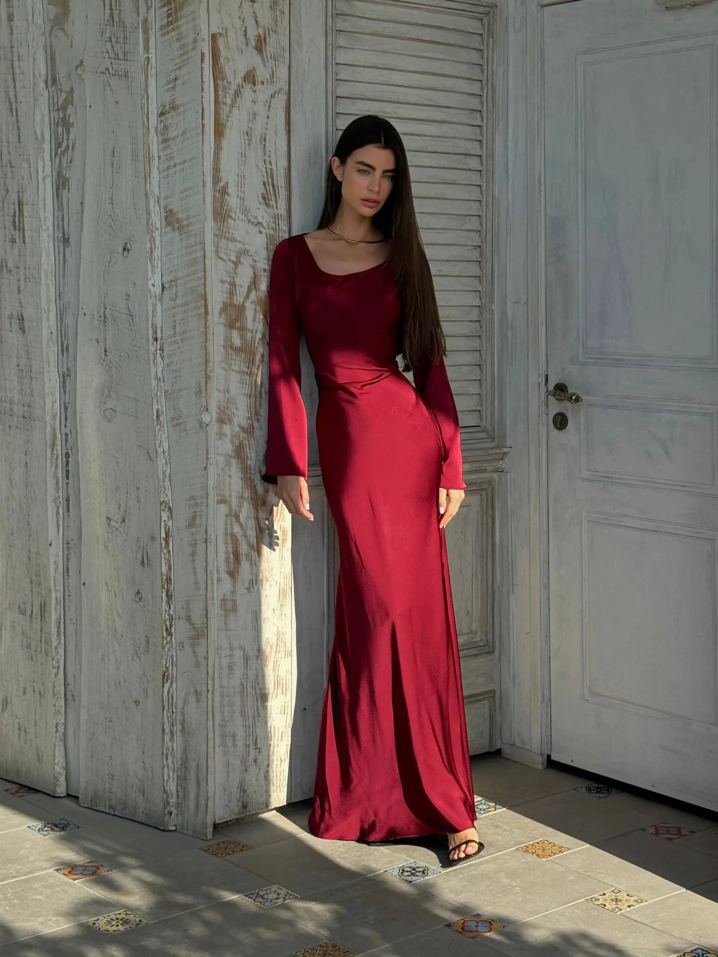 Women's Maxi Dress Long Sleeve Formal Gown Satin