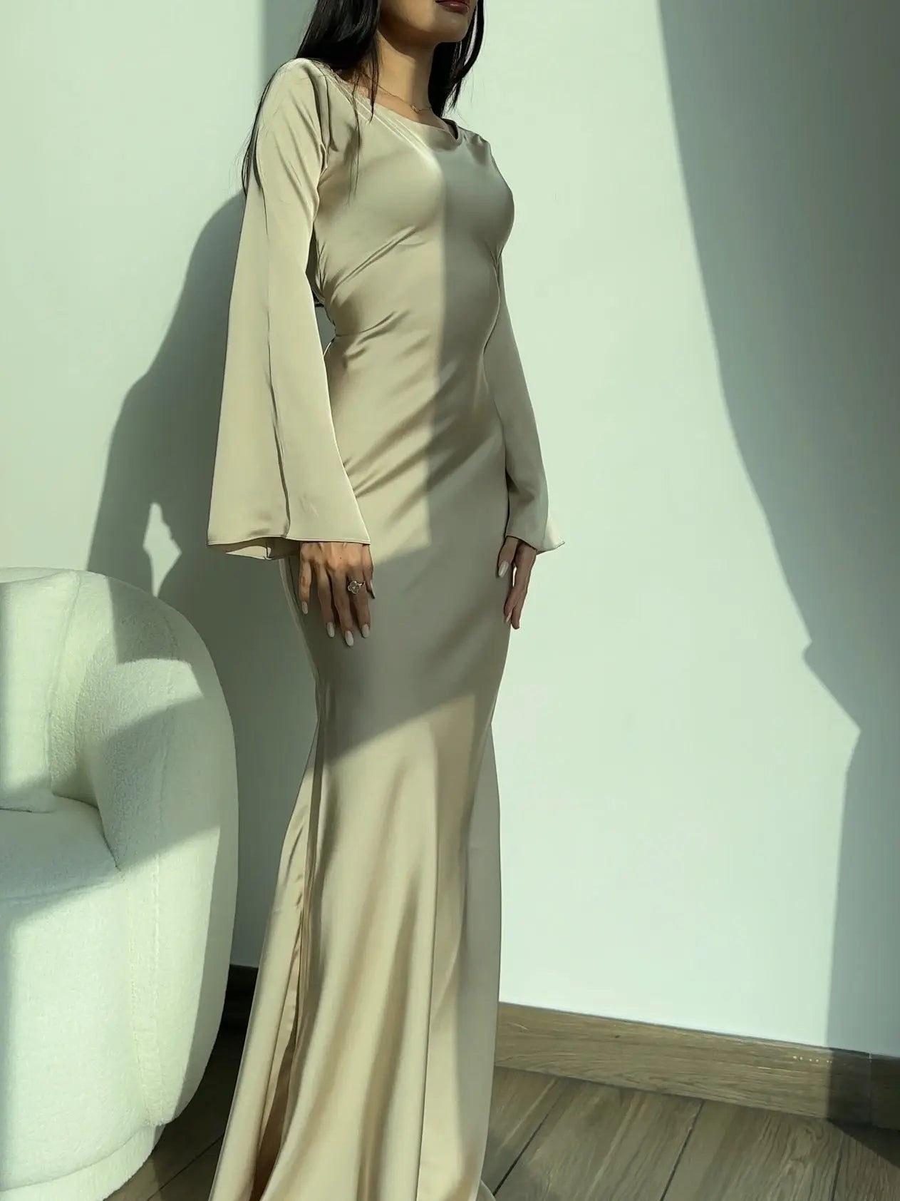 Women's Maxi Dress Long Sleeve Formal Gown Satin