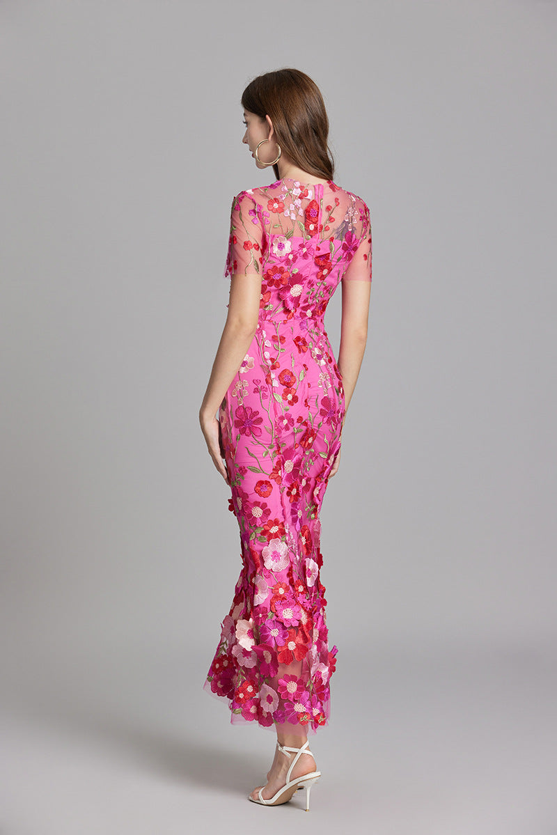 Women's Midi Dress Floral Detail V-Neck Short Sleeve