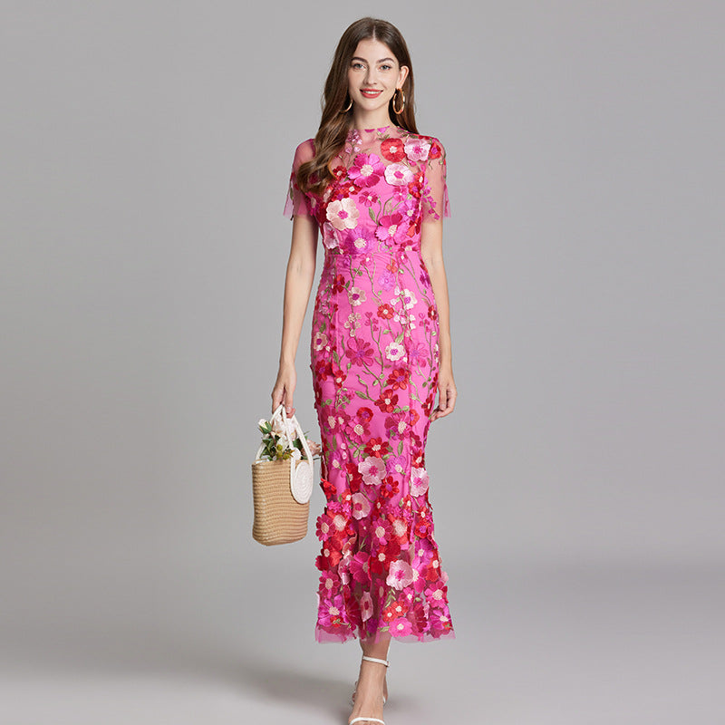 Women's Midi Dress Floral Detail V-Neck Short Sleeve