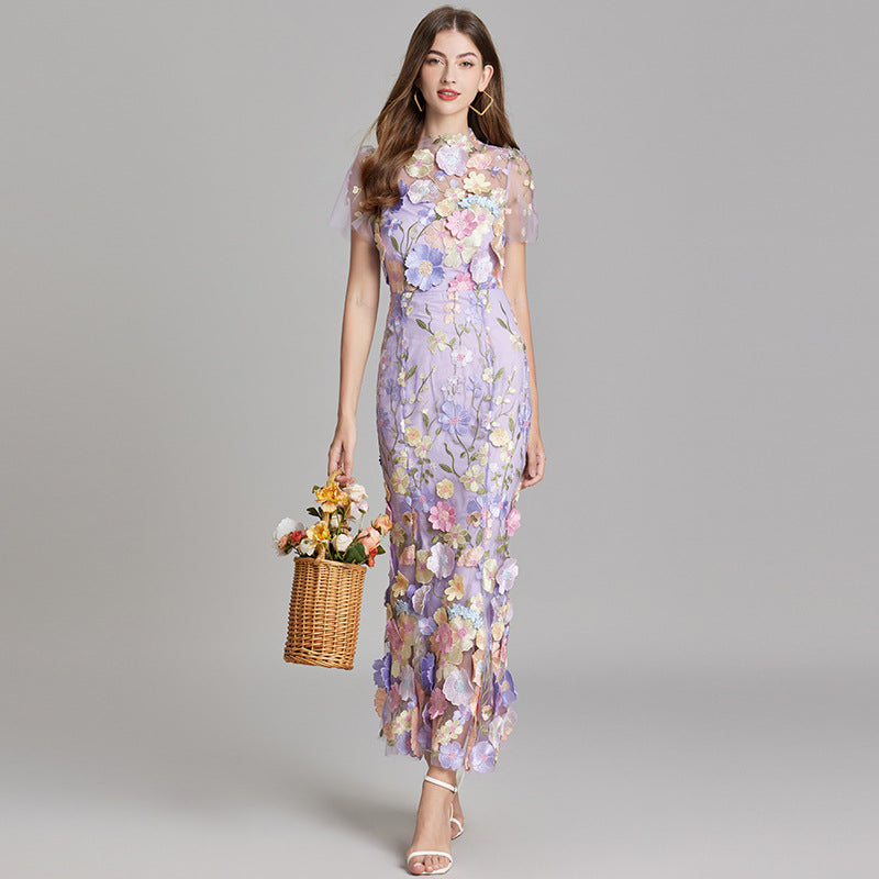 Women's Midi Dress Floral Detail V-Neck Short Sleeve