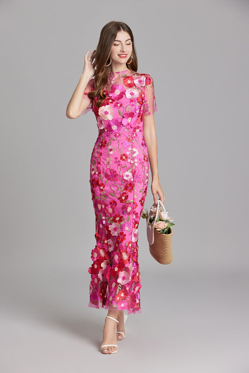 Women's Midi Dress Floral Detail V-Neck Short Sleeve
