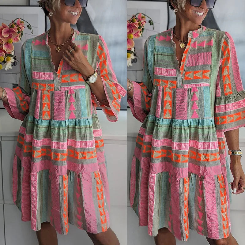 Women's Spring Dress Floral Print V-Neck Short Sleeve Casual