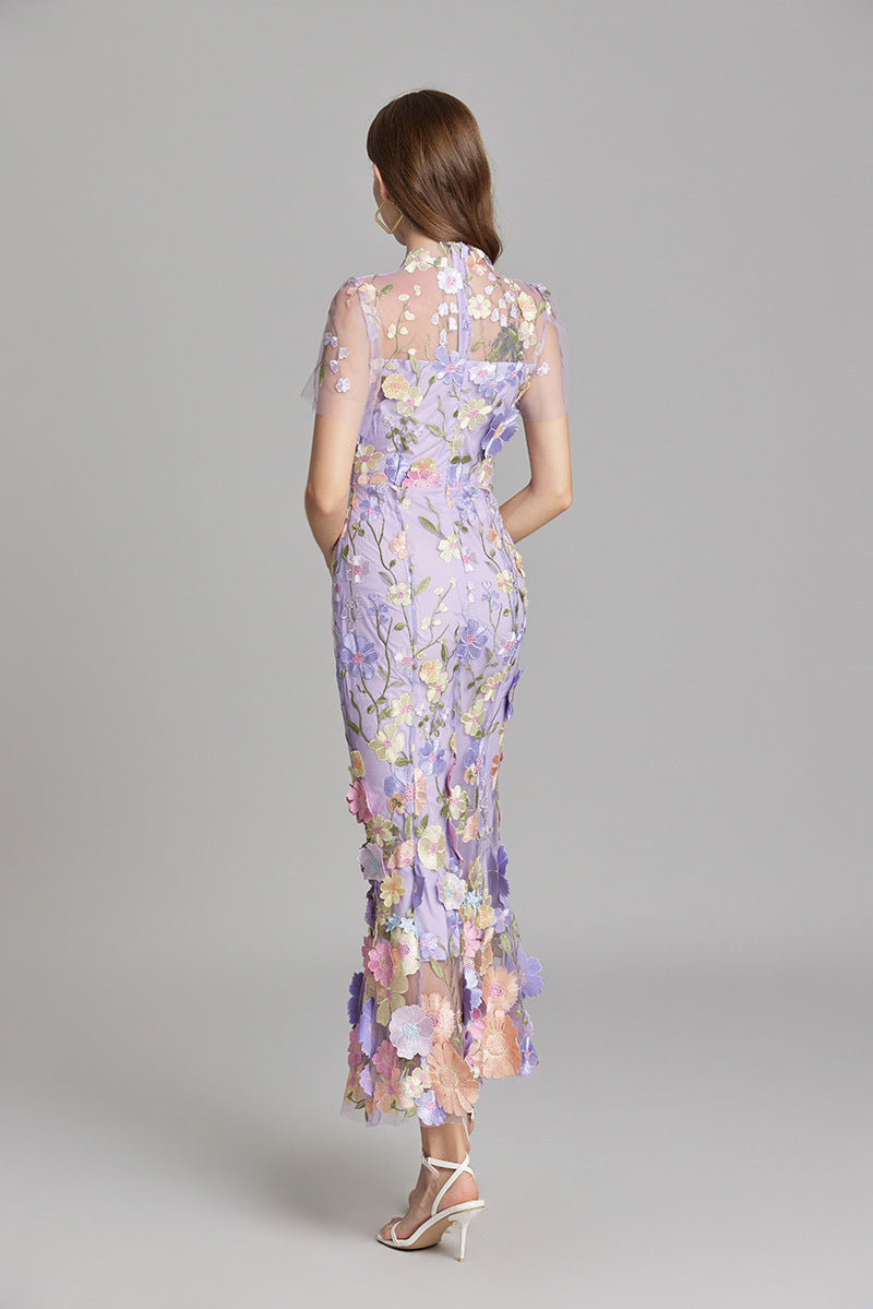 Women's Midi Dress Floral Detail V-Neck Short Sleeve