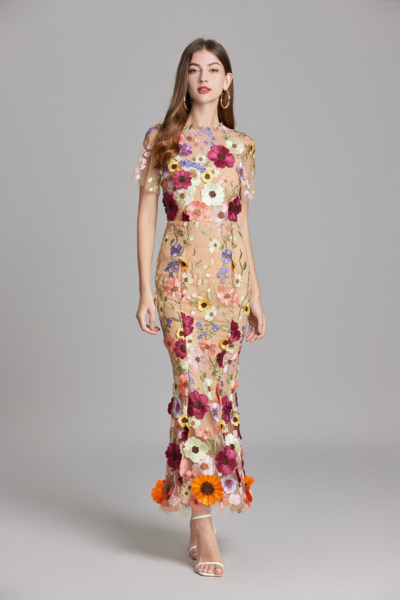 Women's Midi Dress Floral Detail V-Neck Short Sleeve