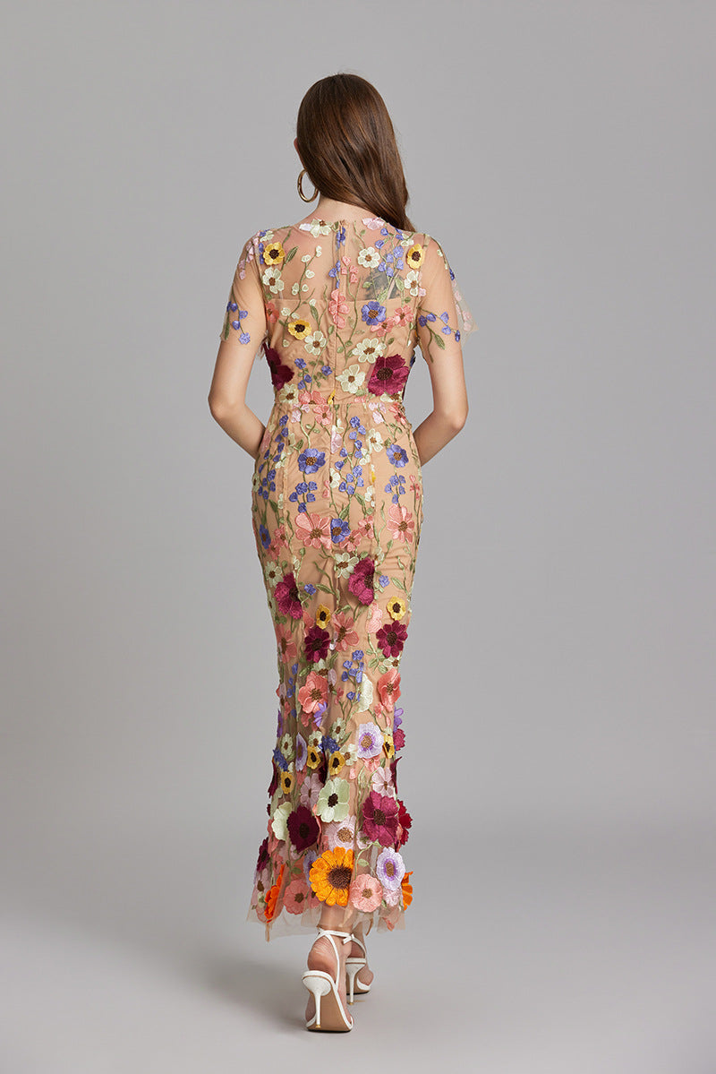 Women's Midi Dress Floral Detail V-Neck Short Sleeve