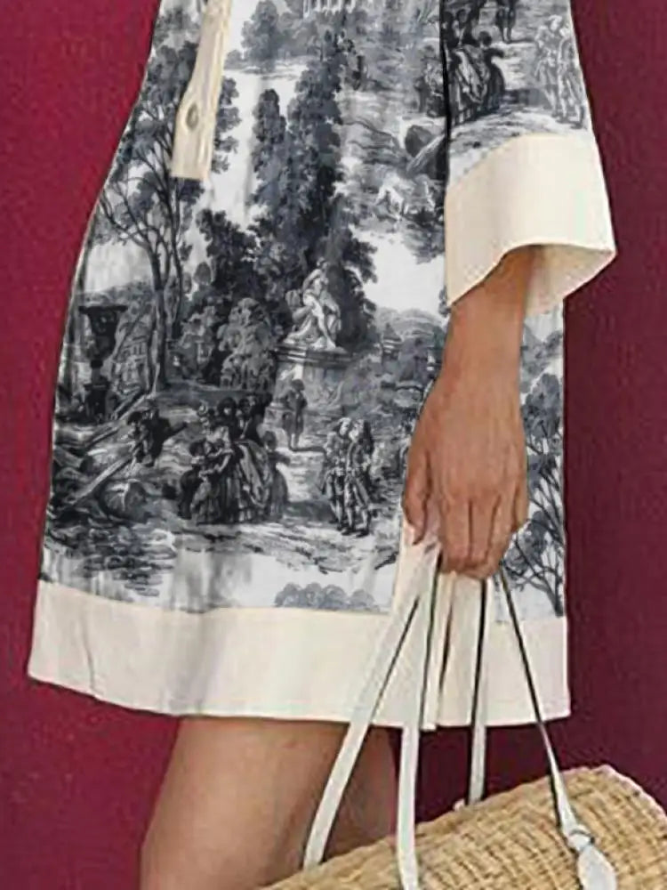 Women's Mini Tunic Dress Vintage Toile Print Short Sleeve