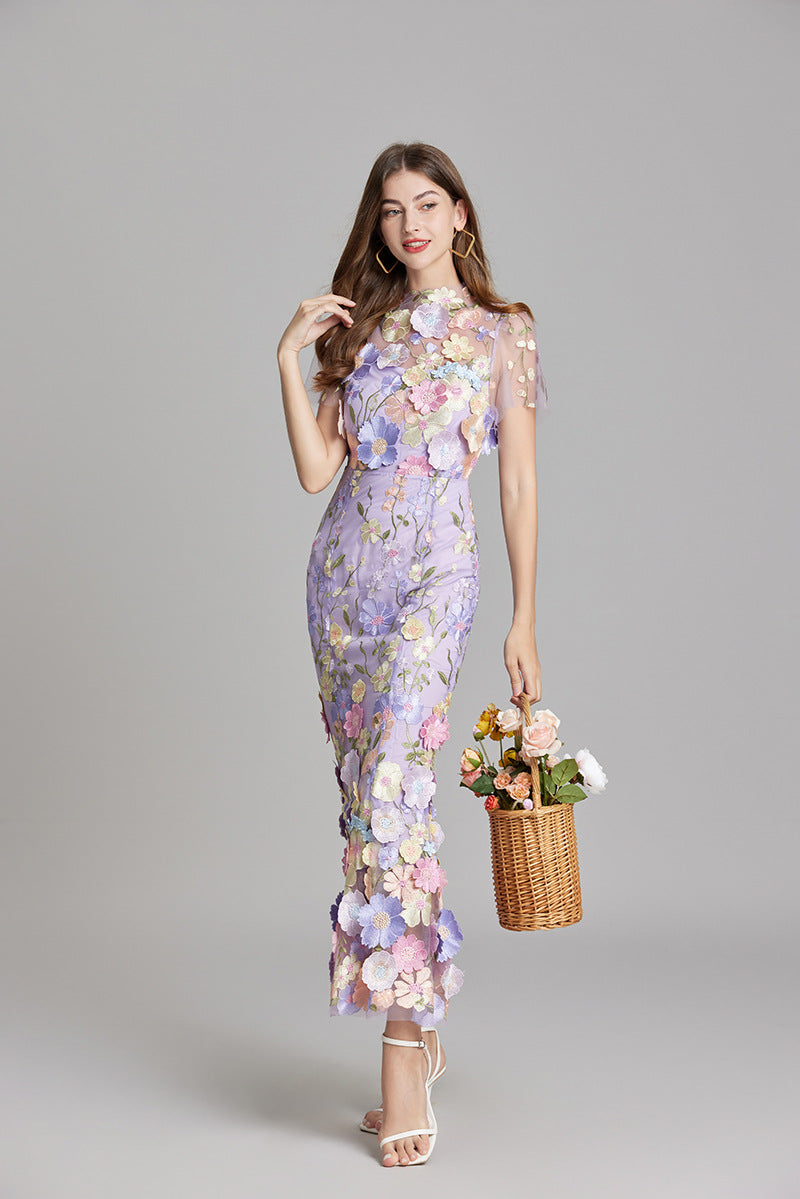 Women's Midi Dress Floral Detail V-Neck Short Sleeve