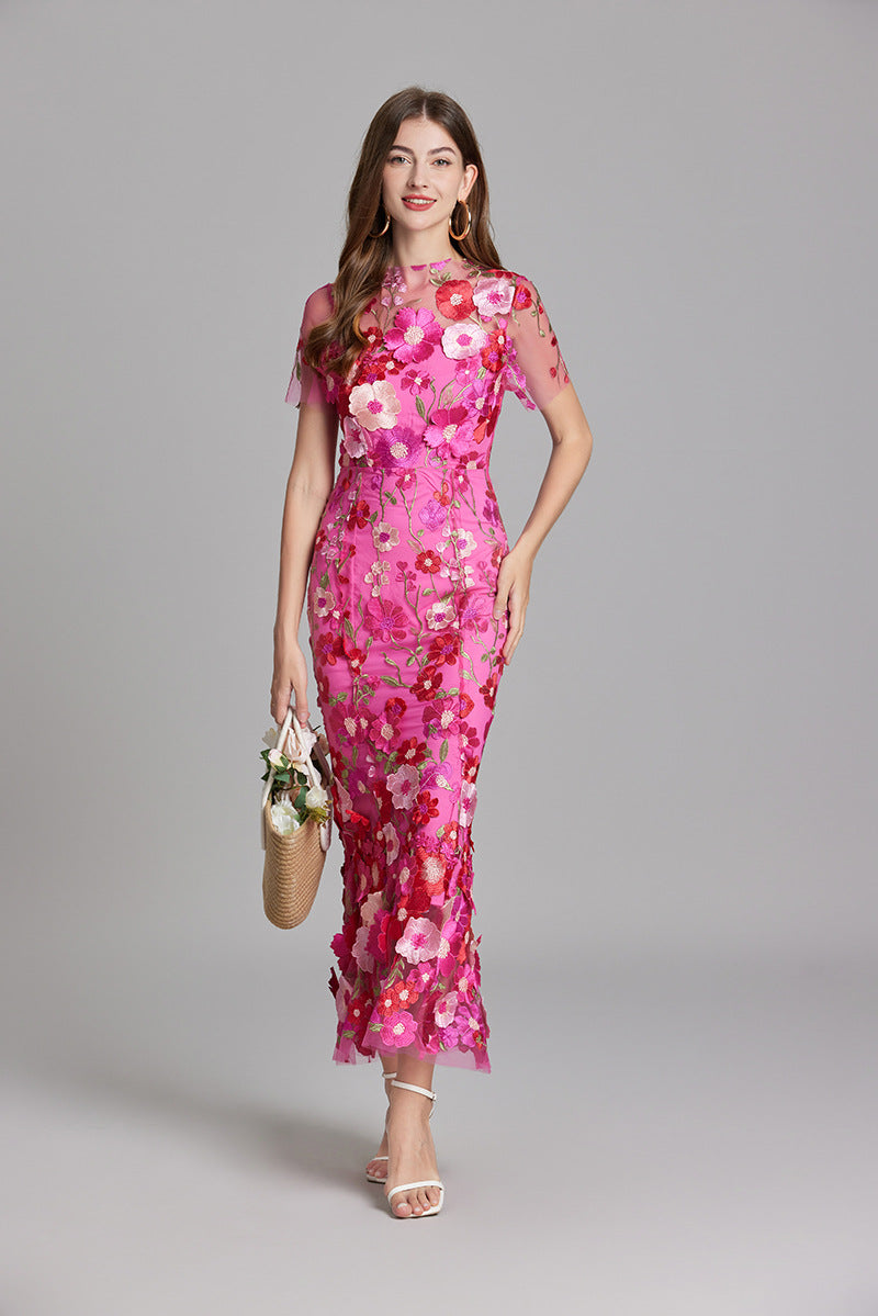 Women's Midi Dress Floral Detail V-Neck Short Sleeve