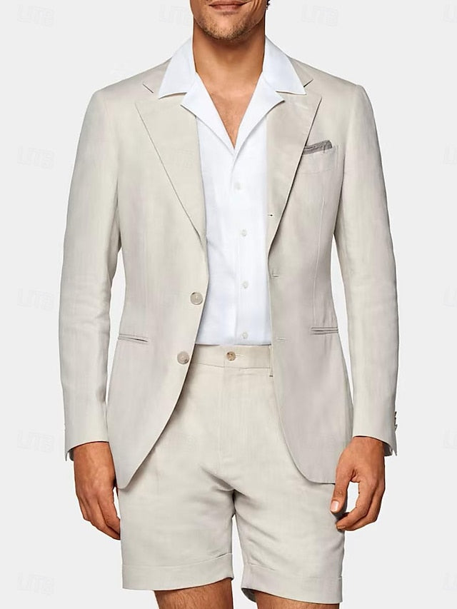 Men's Linen Suit Set Notch Neckline Casual Summer Outfit