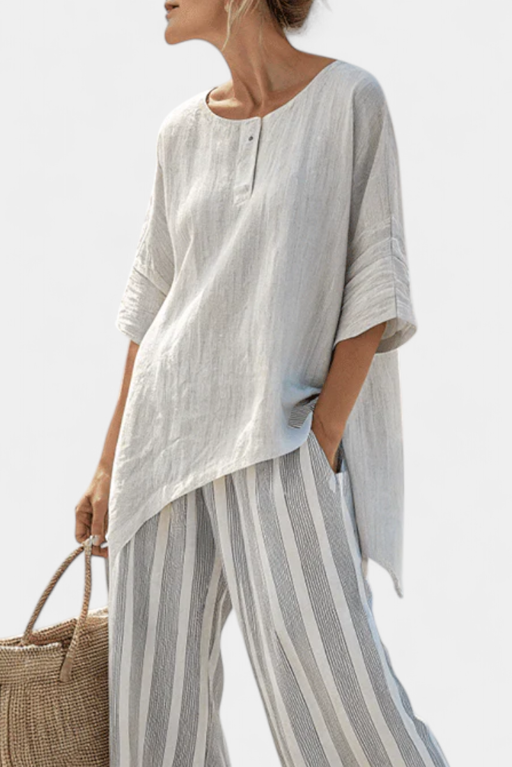 Tina | Women's Asymmetrical Blouse & Striped Pants Set 1