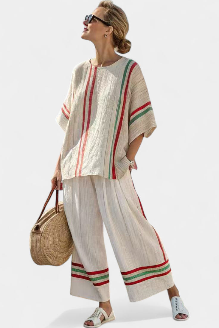 Tina | Women's Boho Striped Bamboo Linen Outfit 0