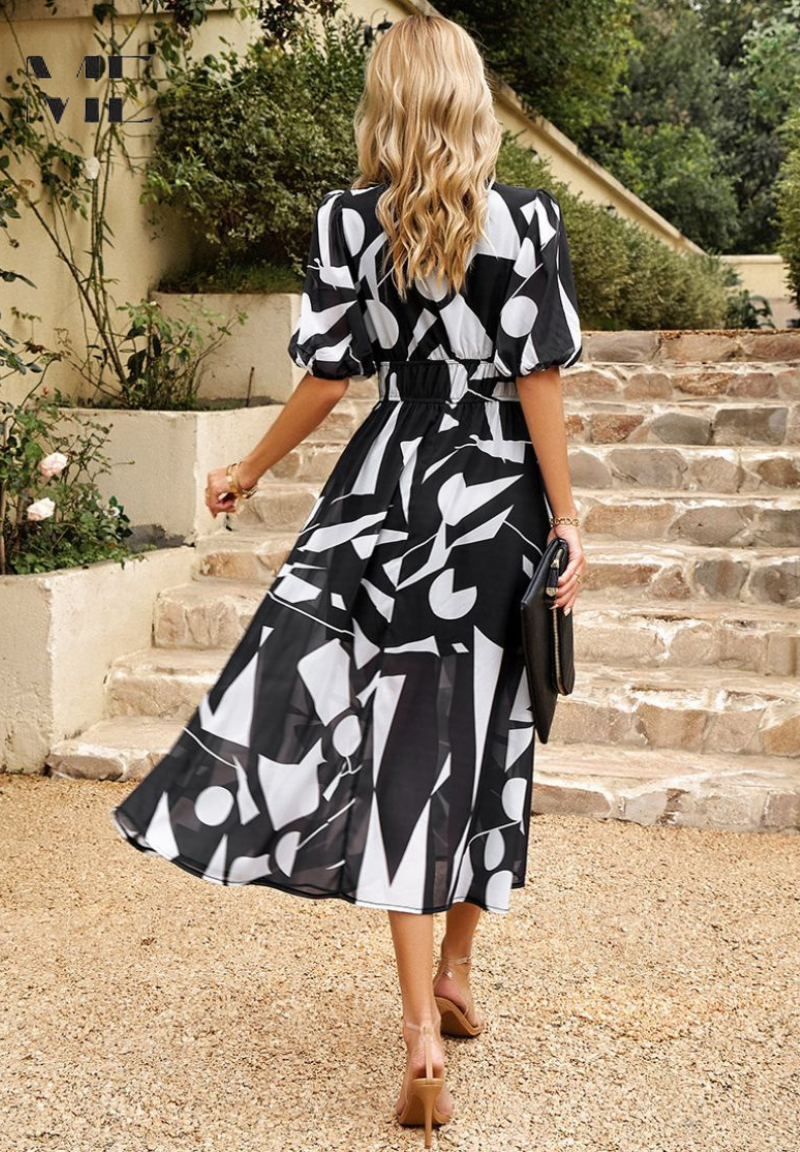 Women's Floral Dress V-Neck Short Sleeve Midi Length Casual