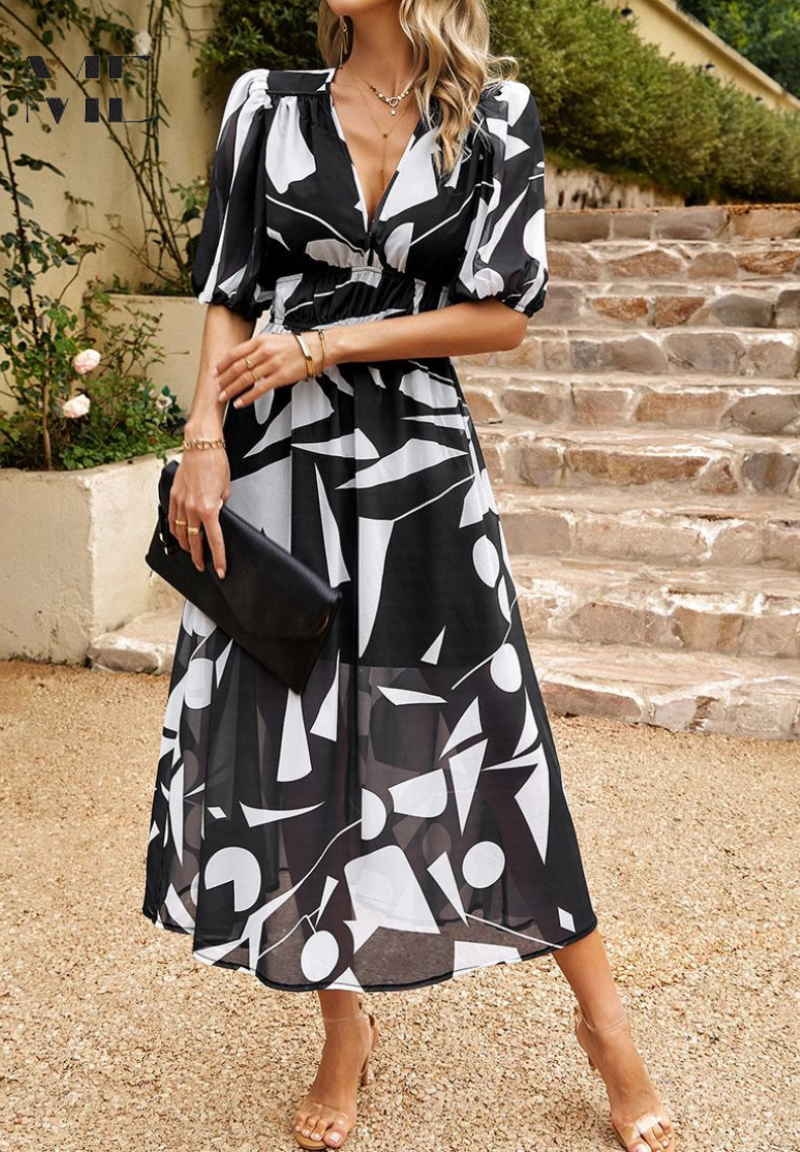 Women's Floral Dress V-Neck Short Sleeve Midi Length Casual