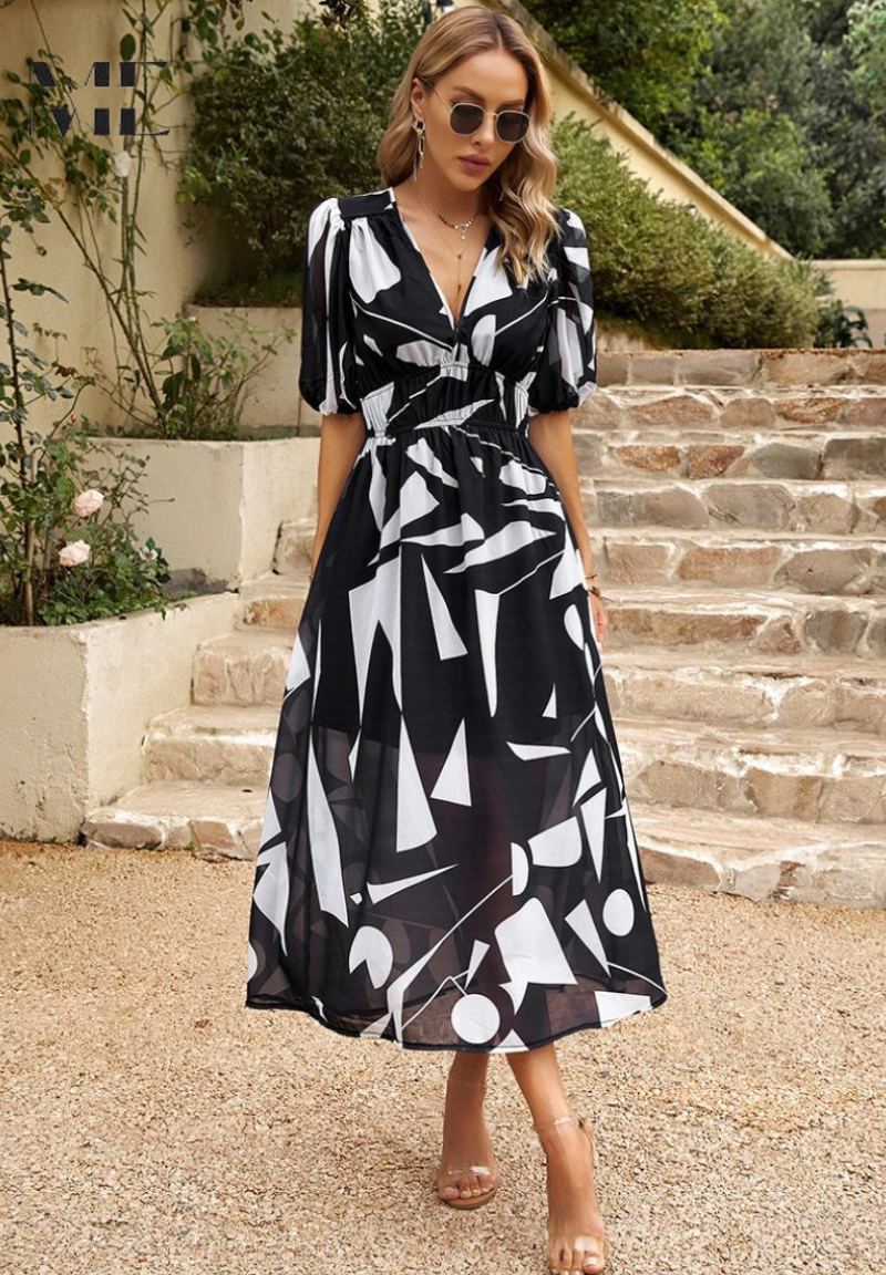 Women's Floral Dress V-Neck Short Sleeve Midi Length Casual