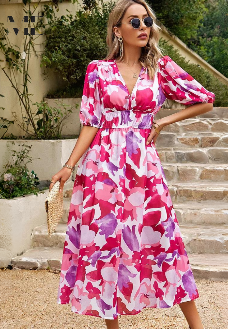 Women's Floral Dress V-Neck Short Sleeve Midi Length Casual