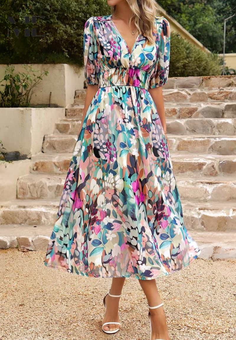 Women's Floral Dress V-Neck Short Sleeve Midi Length Casual