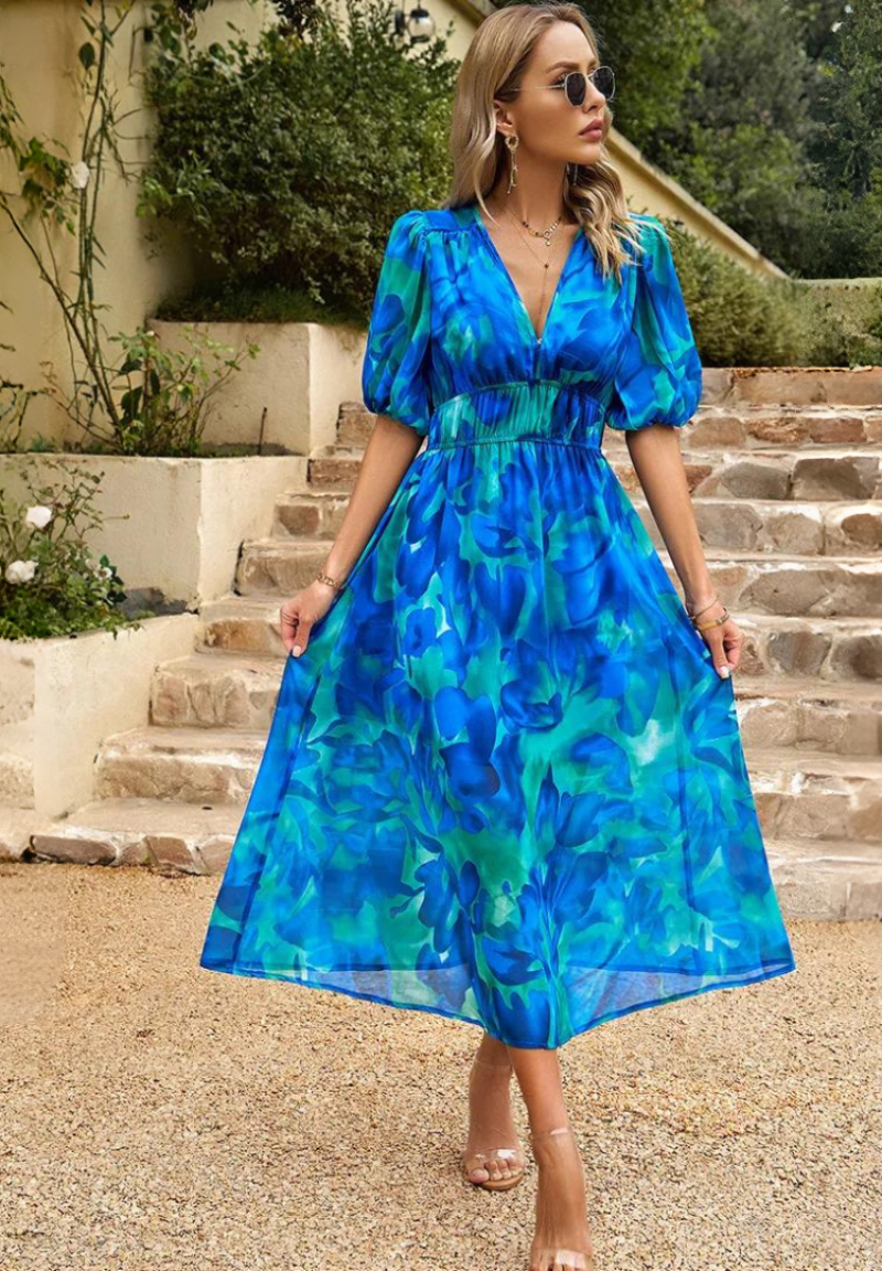 Women's Floral Dress V-Neck Short Sleeve Midi Length Casual