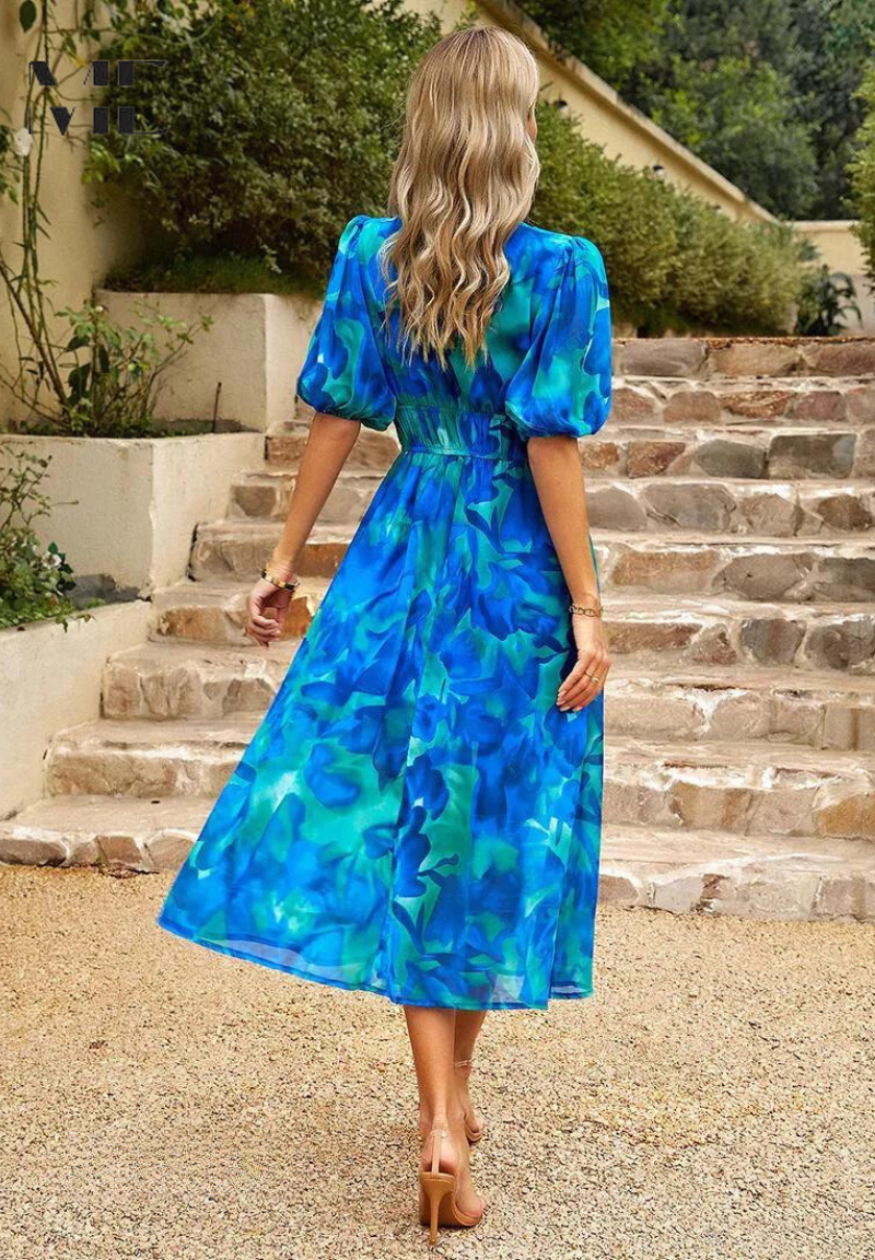 Women's Floral Dress V-Neck Short Sleeve Midi Length Casual