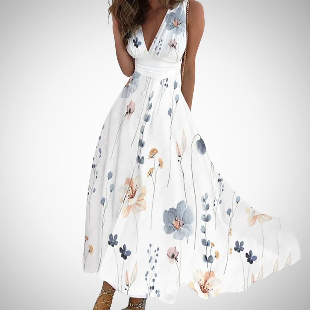 Women's Maxi Dress Floral Sleeveless V-Neck Wrap Waist