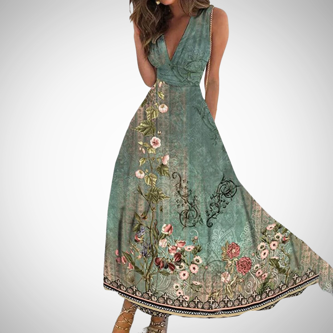 Women's Maxi Dress Floral Sleeveless V-Neck Wrap Waist