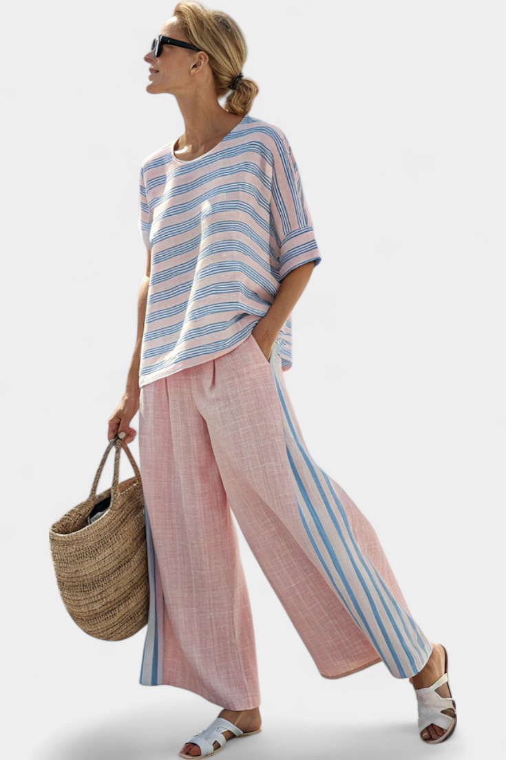 Vera | Women's Linen Striped Blouse and Pants Set 0