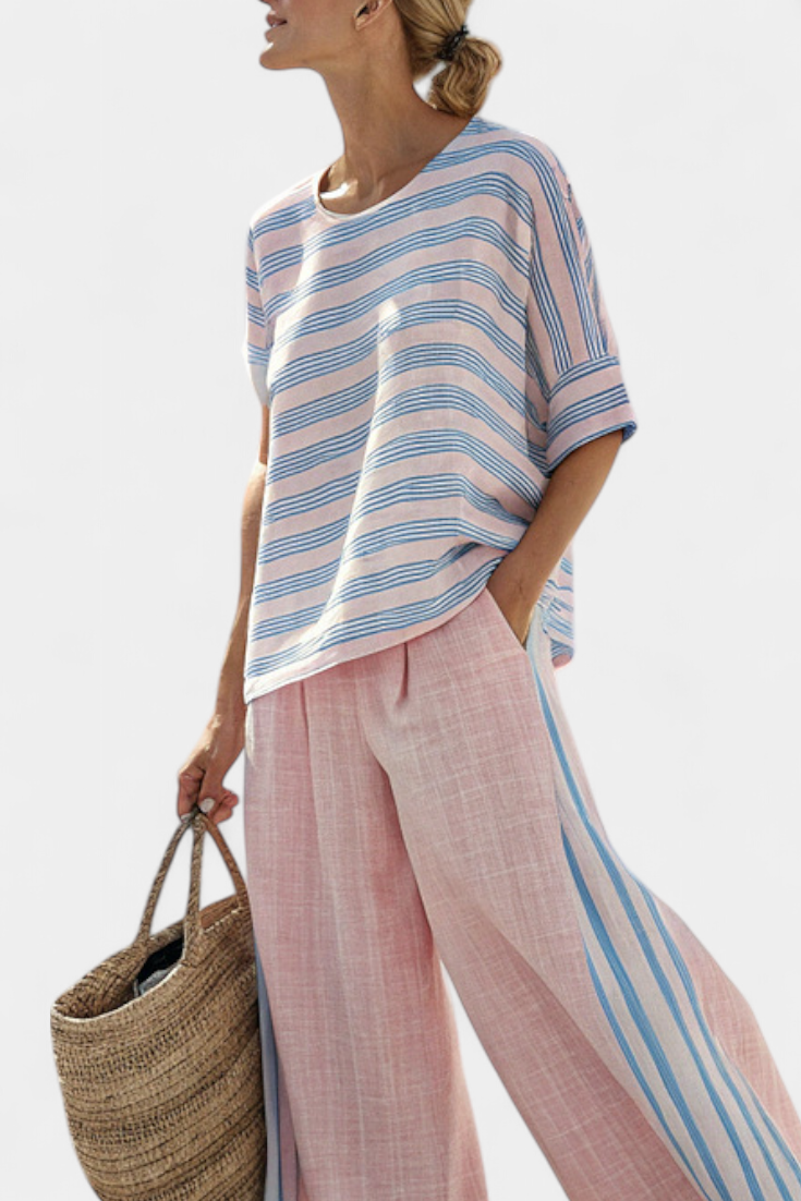 Vera | Women's Linen Striped Blouse and Pants Set 2