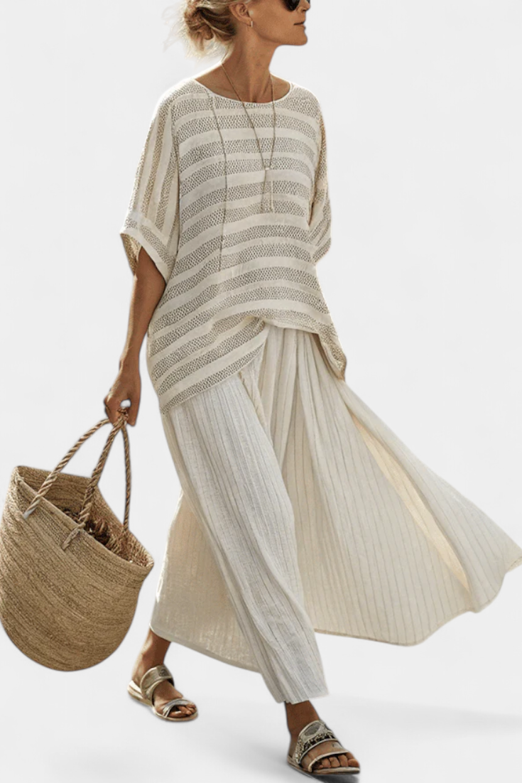 Wendy | Women's Striped Bamboo Top & Linen Skirt 0