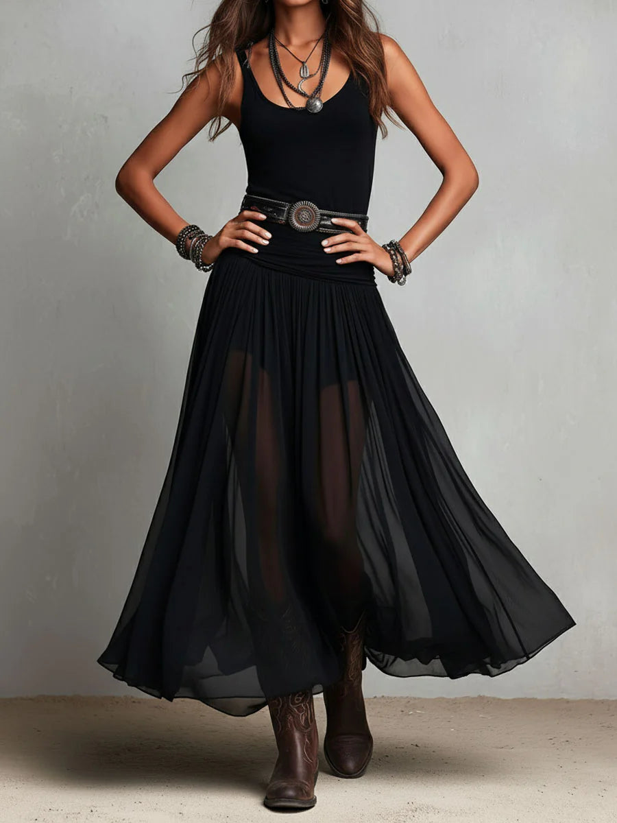 Women's Black Maxi Dress V-Neck Sleeveless Tulle Skirt Boho Casual 2