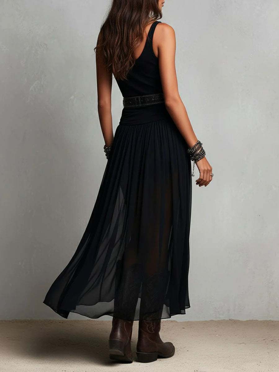 Women's Black Maxi Dress V-Neck Sleeveless Tulle Skirt Boho Casual 4