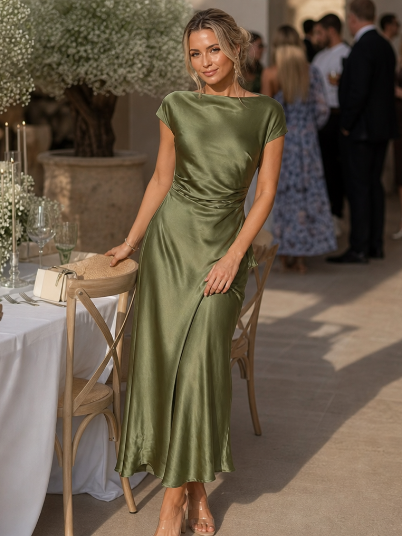 Women's Boat Neck Short Sleeve Midi Dress Tailored Wedding Guest 3