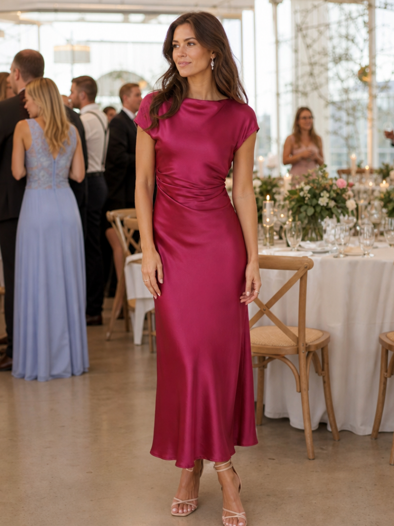 Women's Boat Neck Short Sleeve Midi Dress Tailored Wedding Guest 4