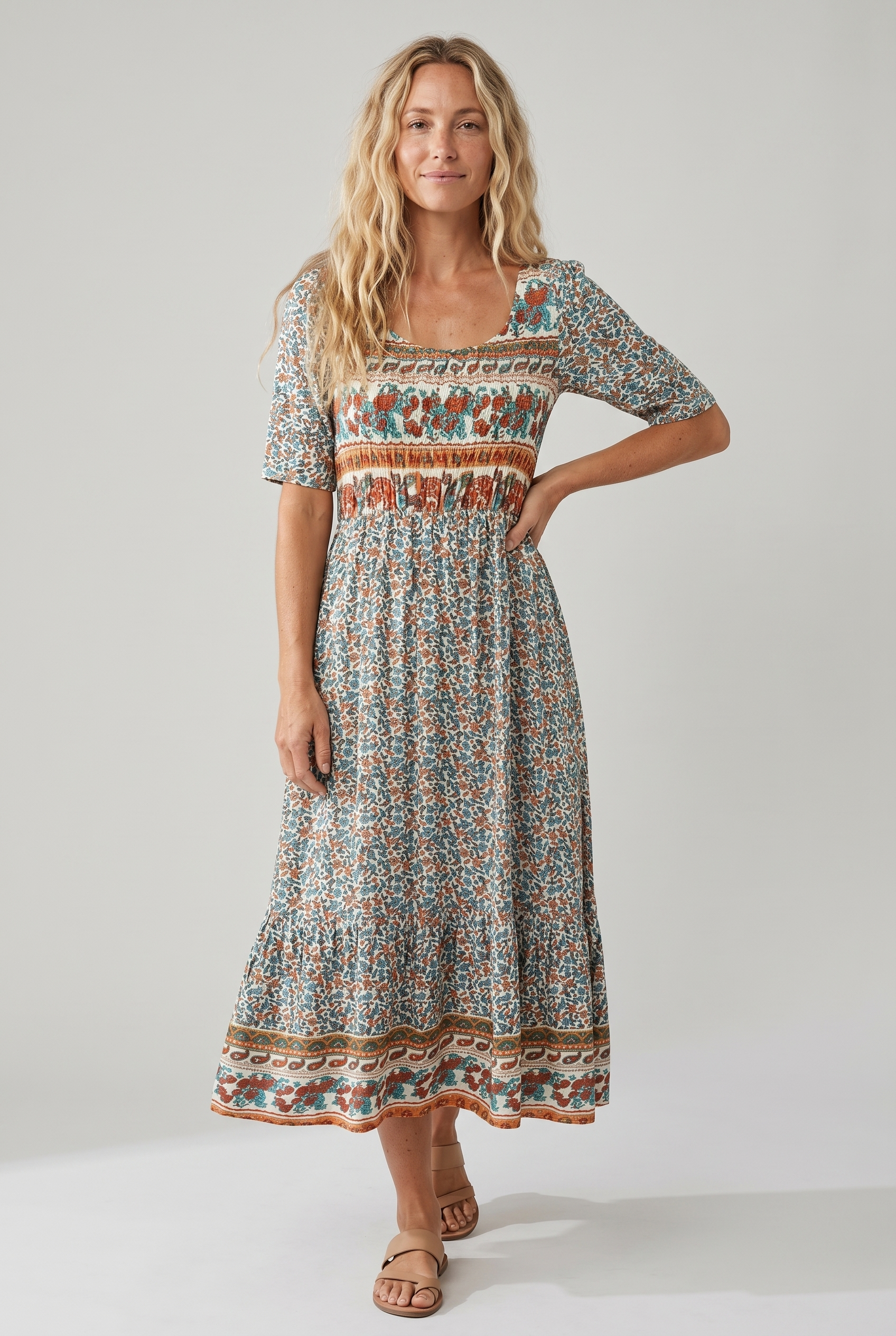 Women's Boho Midi Dress Square Neck Shirred Bodice Tiered Skirt 1