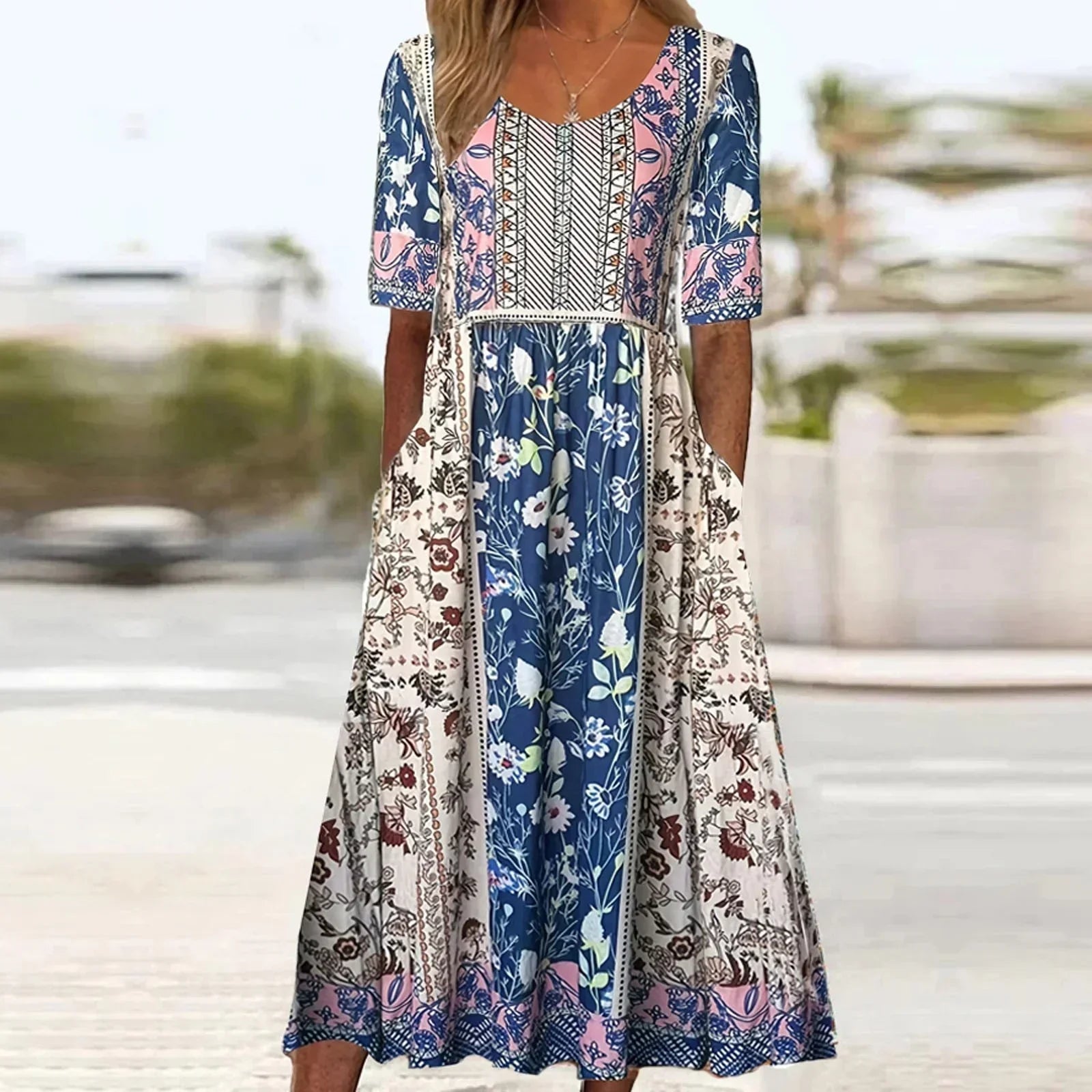 Women's Boho Midi Dress Square Neck Shirred Bodice Tiered Skirt 11