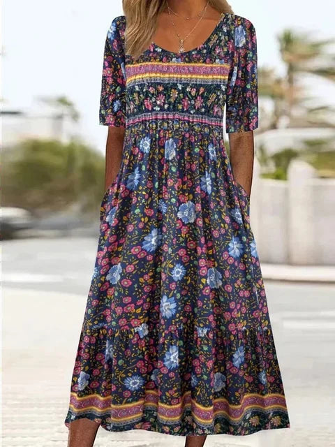 Women's Boho Midi Dress Square Neck Shirred Bodice Tiered Skirt 12