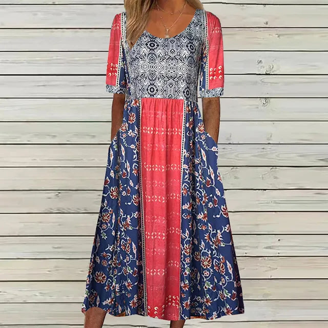 Women's Boho Midi Dress Square Neck Shirred Bodice Tiered Skirt 13