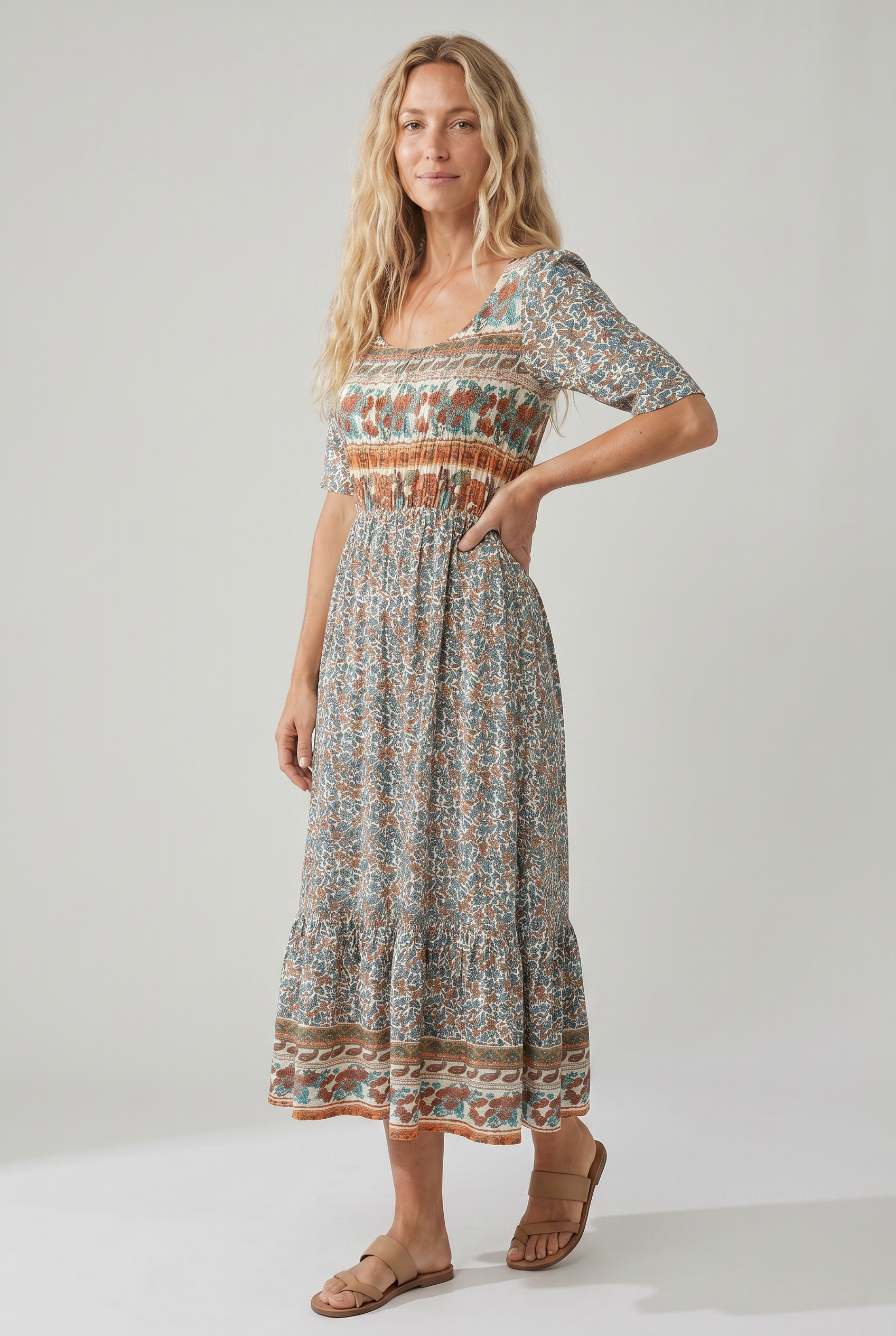 Women's Boho Midi Dress Square Neck Shirred Bodice Tiered Skirt 2