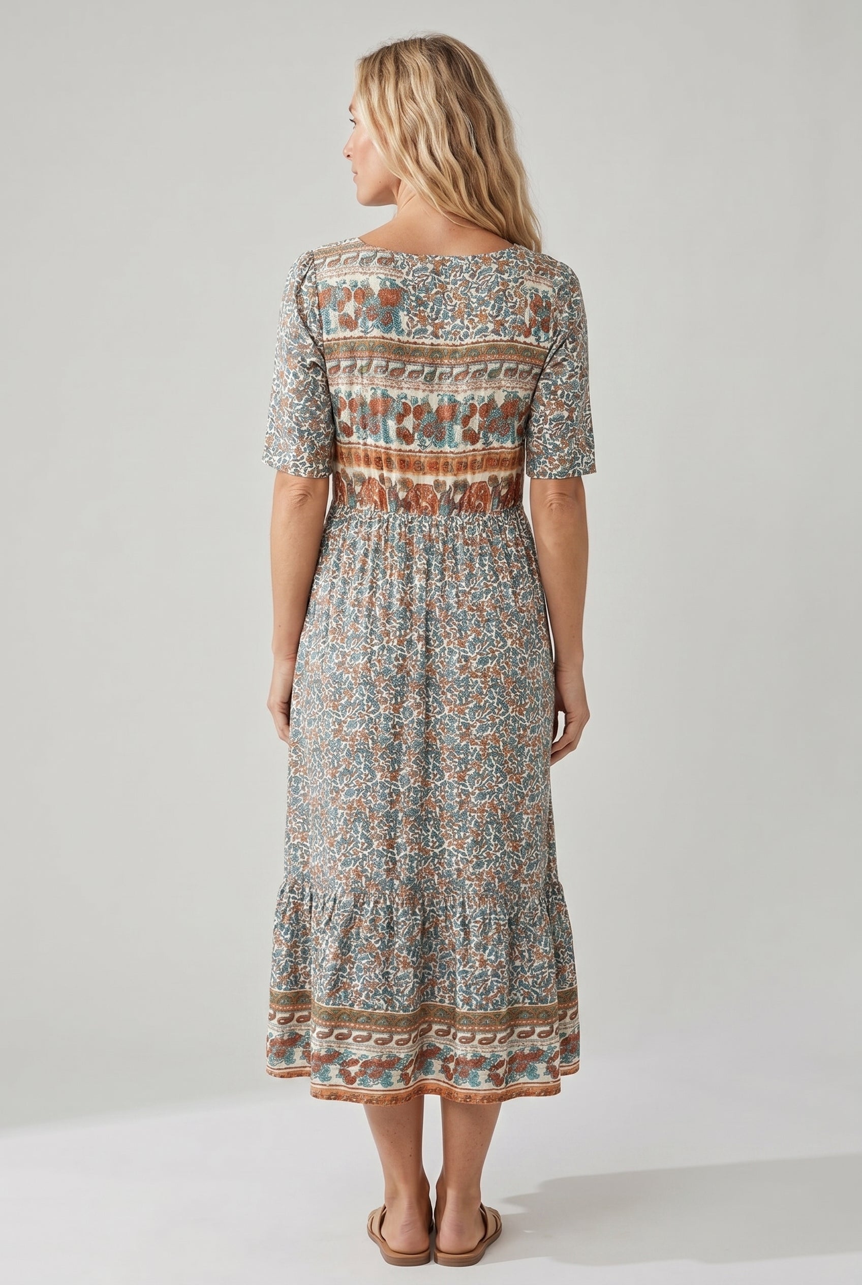 Women's Boho Midi Dress Square Neck Shirred Bodice Tiered Skirt 3