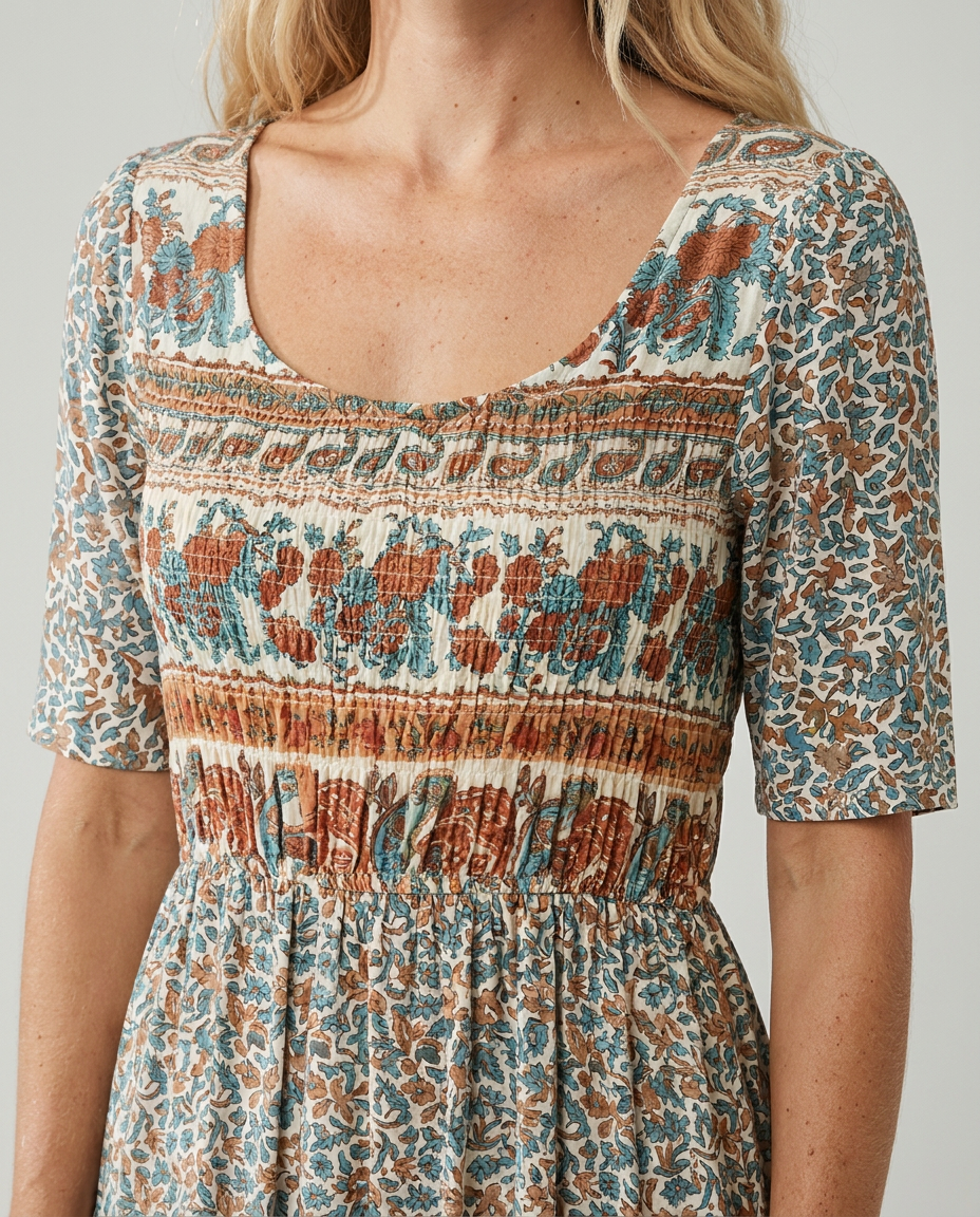 Women's Boho Midi Dress Square Neck Shirred Bodice Tiered Skirt 4