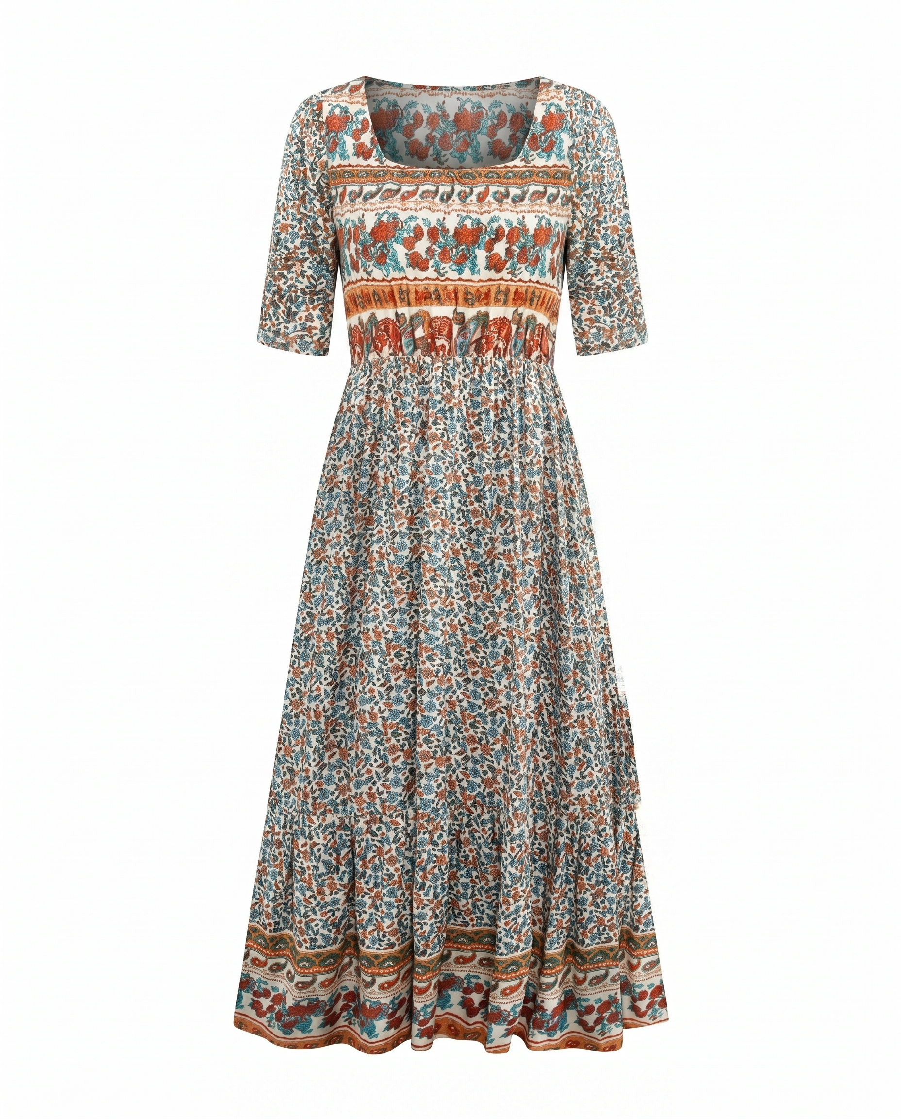 Women's Boho Midi Dress Square Neck Shirred Bodice Tiered Skirt 5