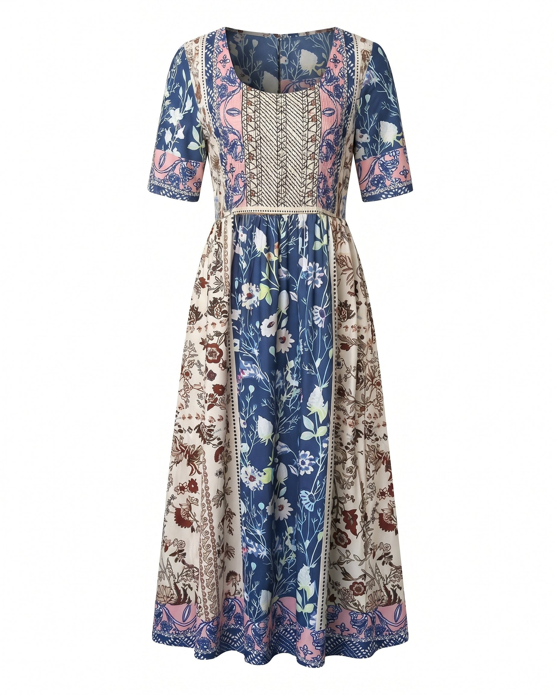 Women's Boho Midi Dress Square Neck Shirred Bodice Tiered Skirt 7
