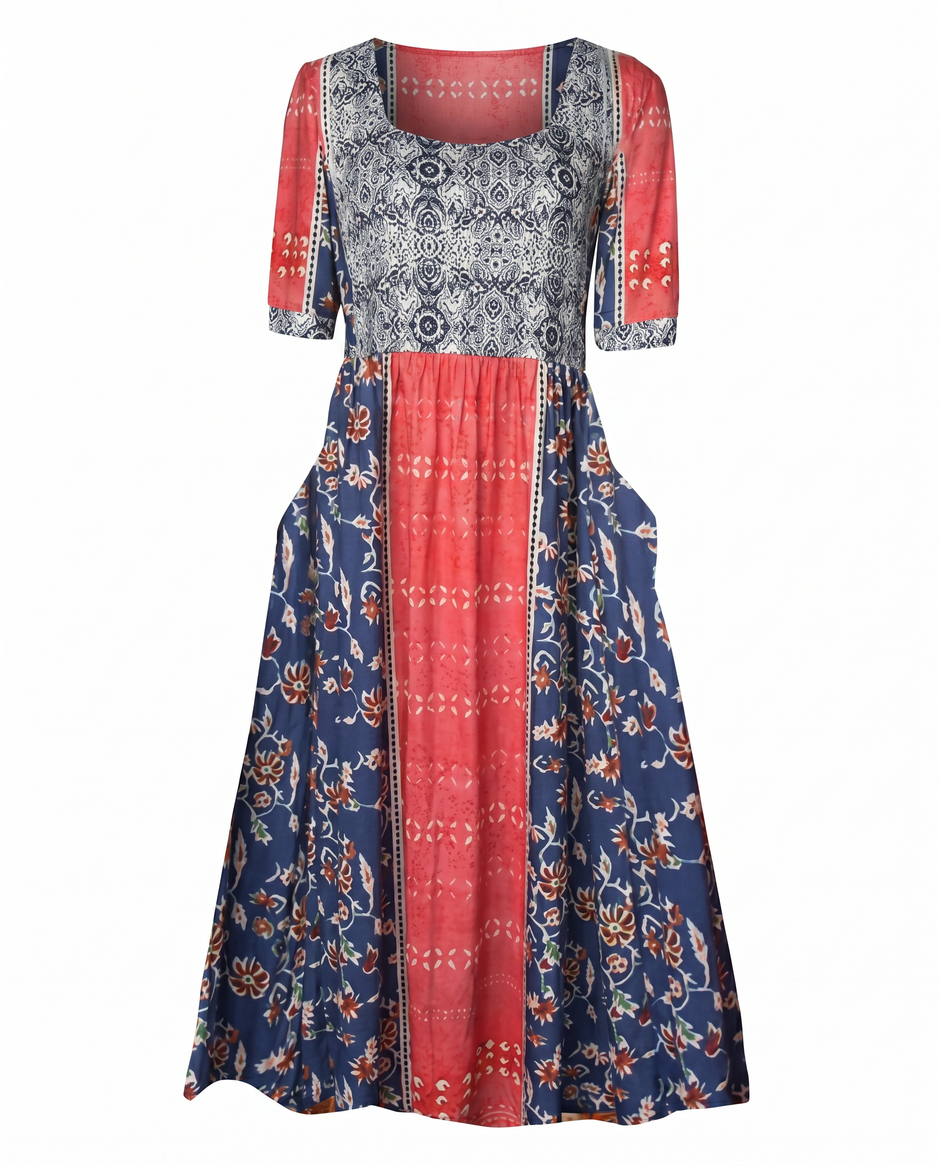 Women's Boho Midi Dress Square Neck Shirred Bodice Tiered Skirt 8