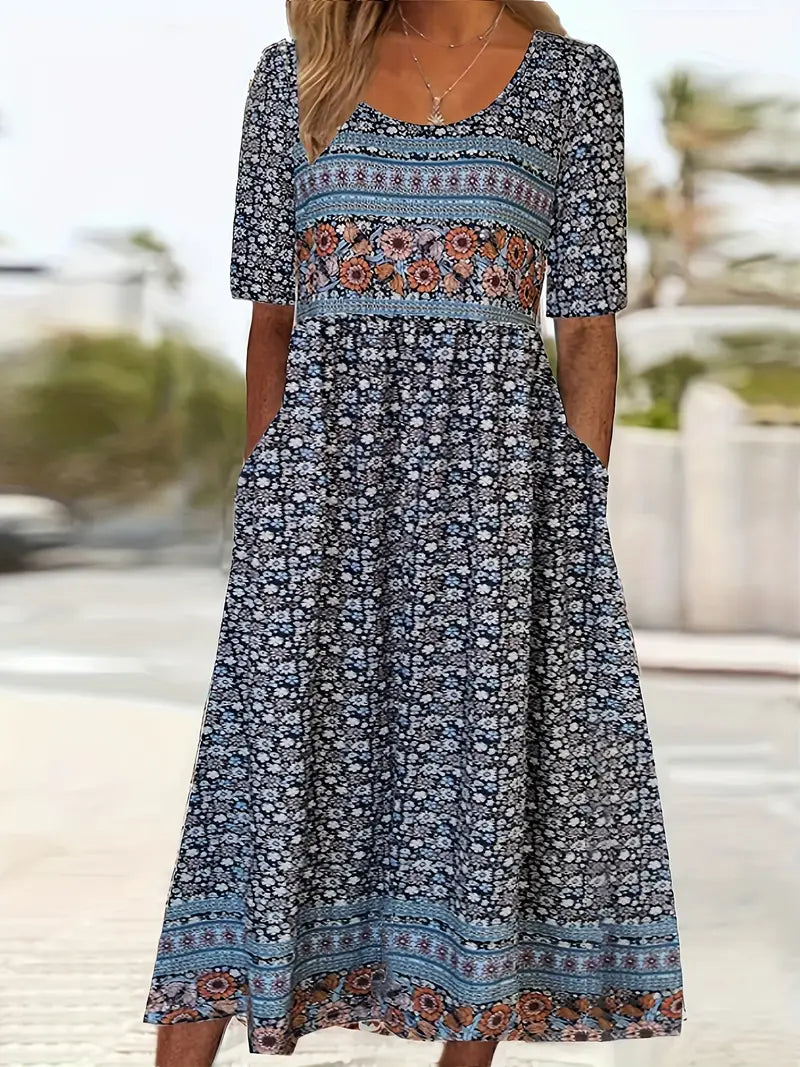 Women's Boho Midi Dress Square Neck Shirred Bodice Tiered Skirt 9