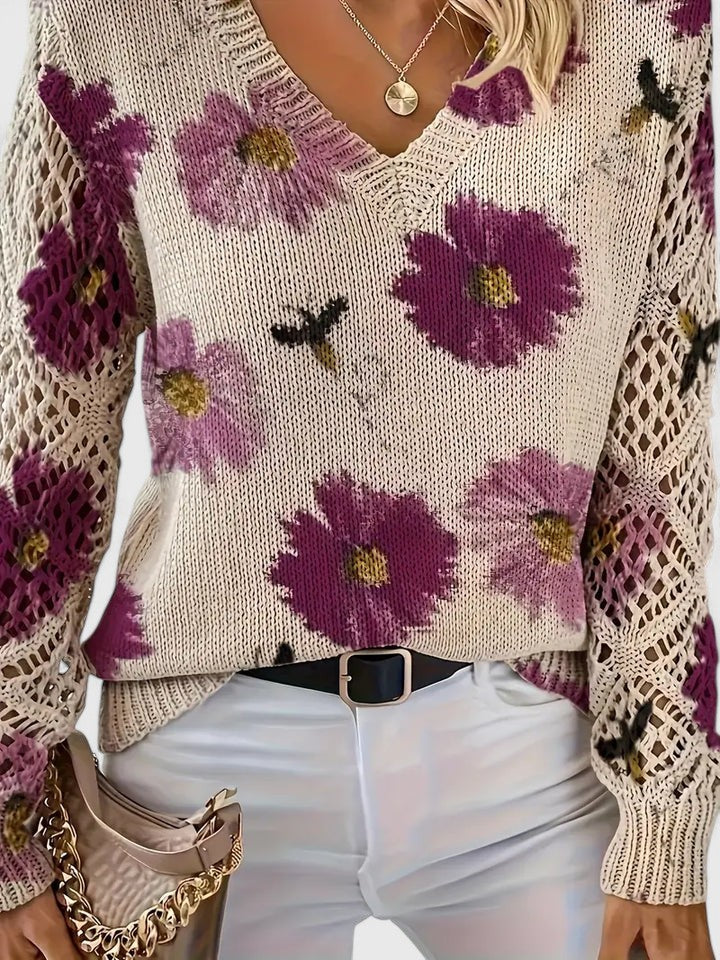 Women's Cardigan Floral Knit Pattern Airy Sleeve V Neckline 2