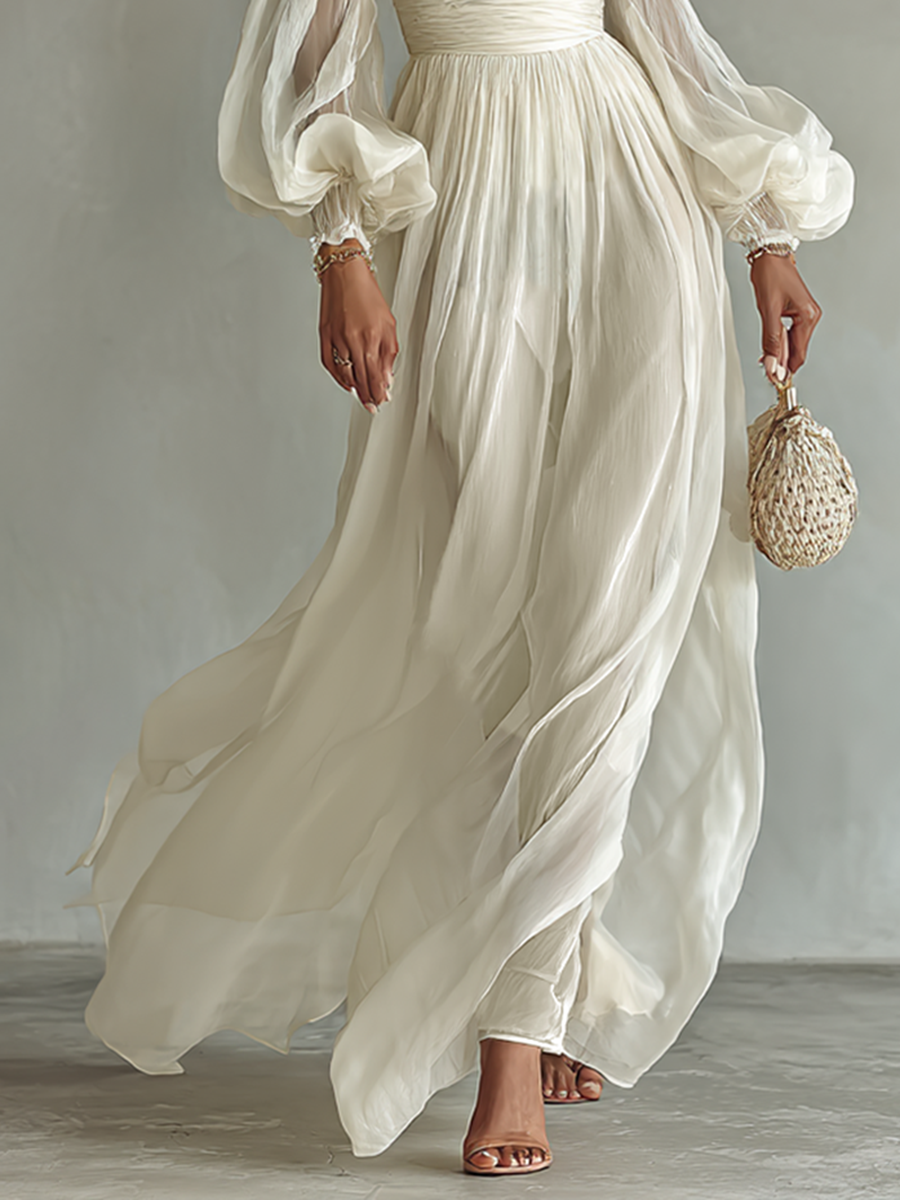 Women's Chiffon Maxi Dress Square Neck Long Sleeve Waist-Cinched Summer 2