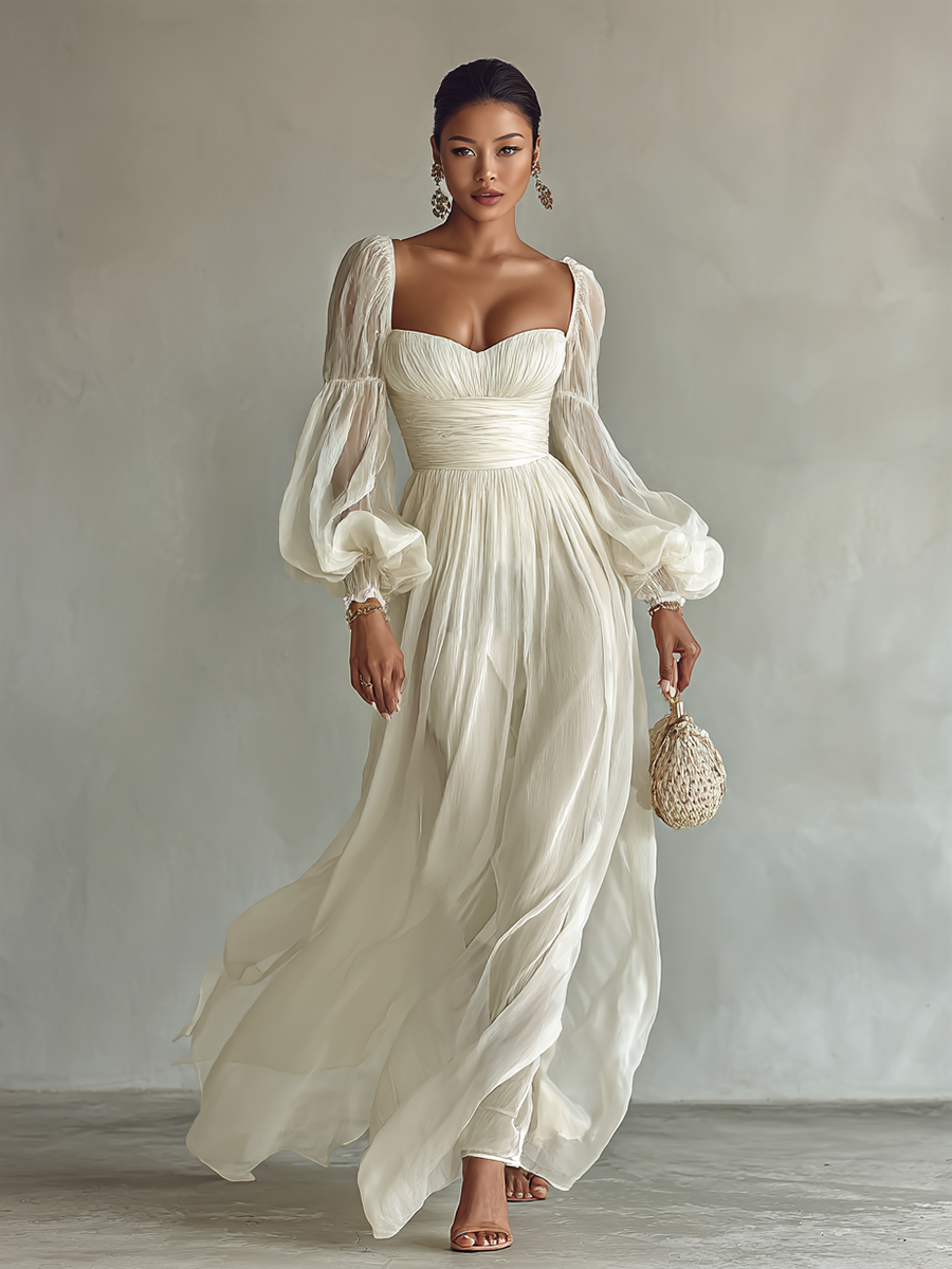 Women's Chiffon Maxi Dress Square Neck Long Sleeve Waist-Cinched Summer 3