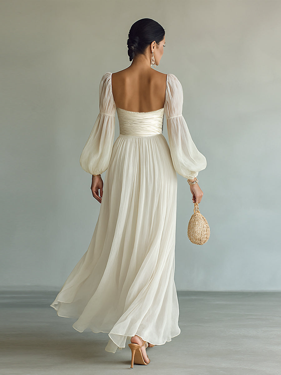 Women's Chiffon Maxi Dress Square Neck Long Sleeve Waist-Cinched Summer 4